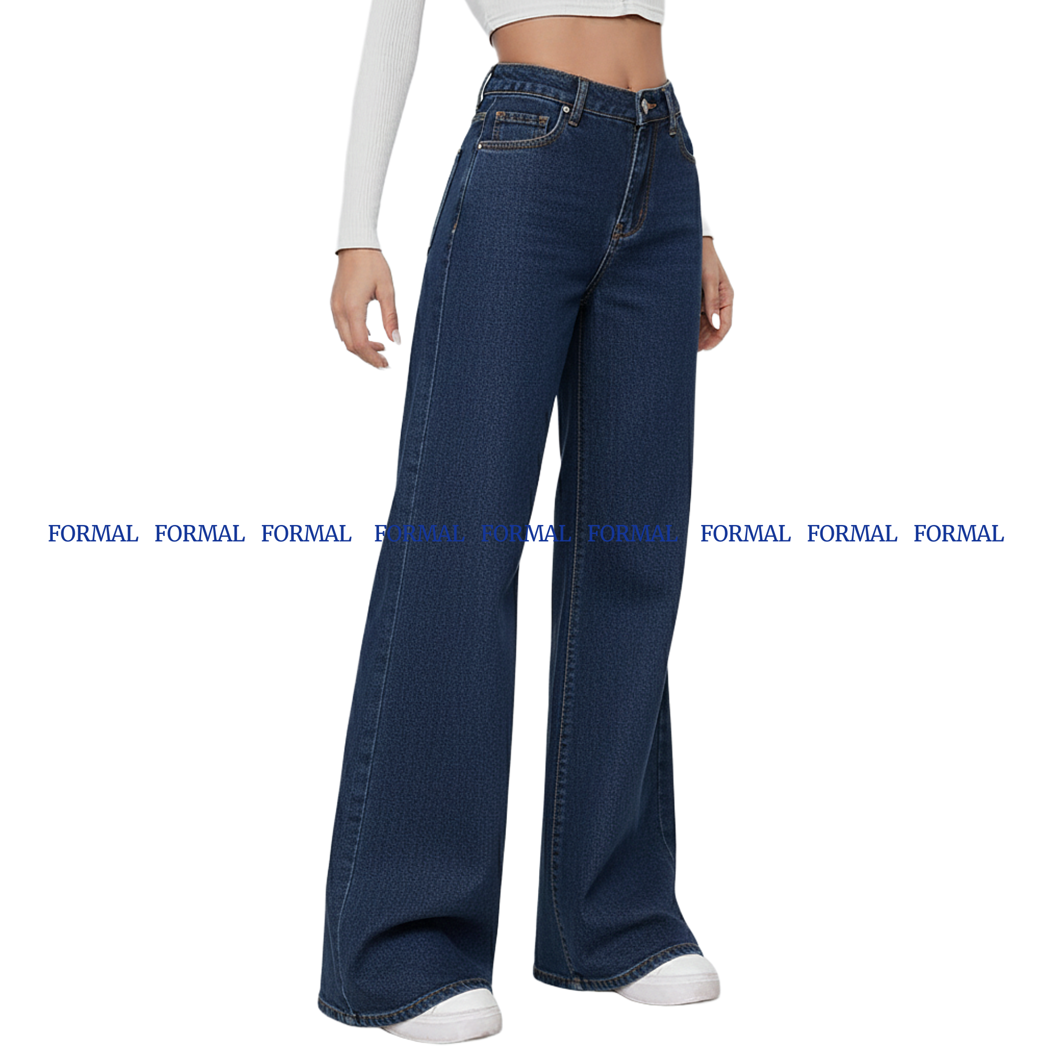 Blue Denim Wide Leg Jeans For Woman