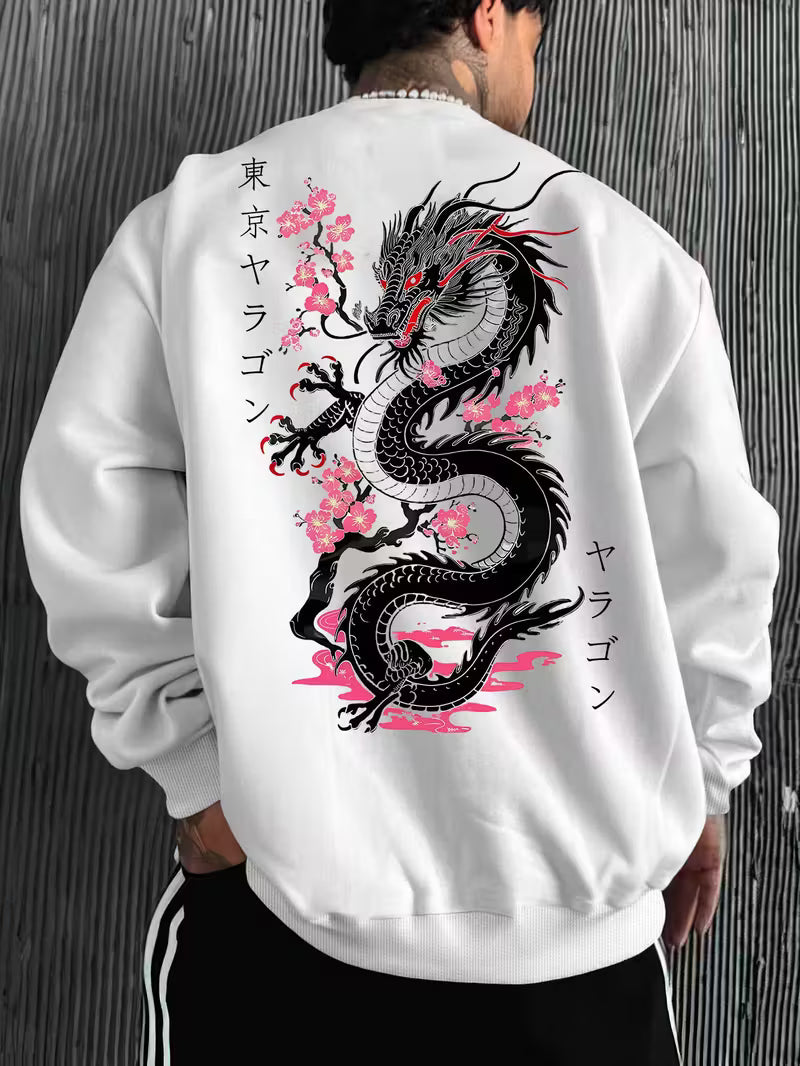 Men Japanese Dragon Back Print Sweatshirt